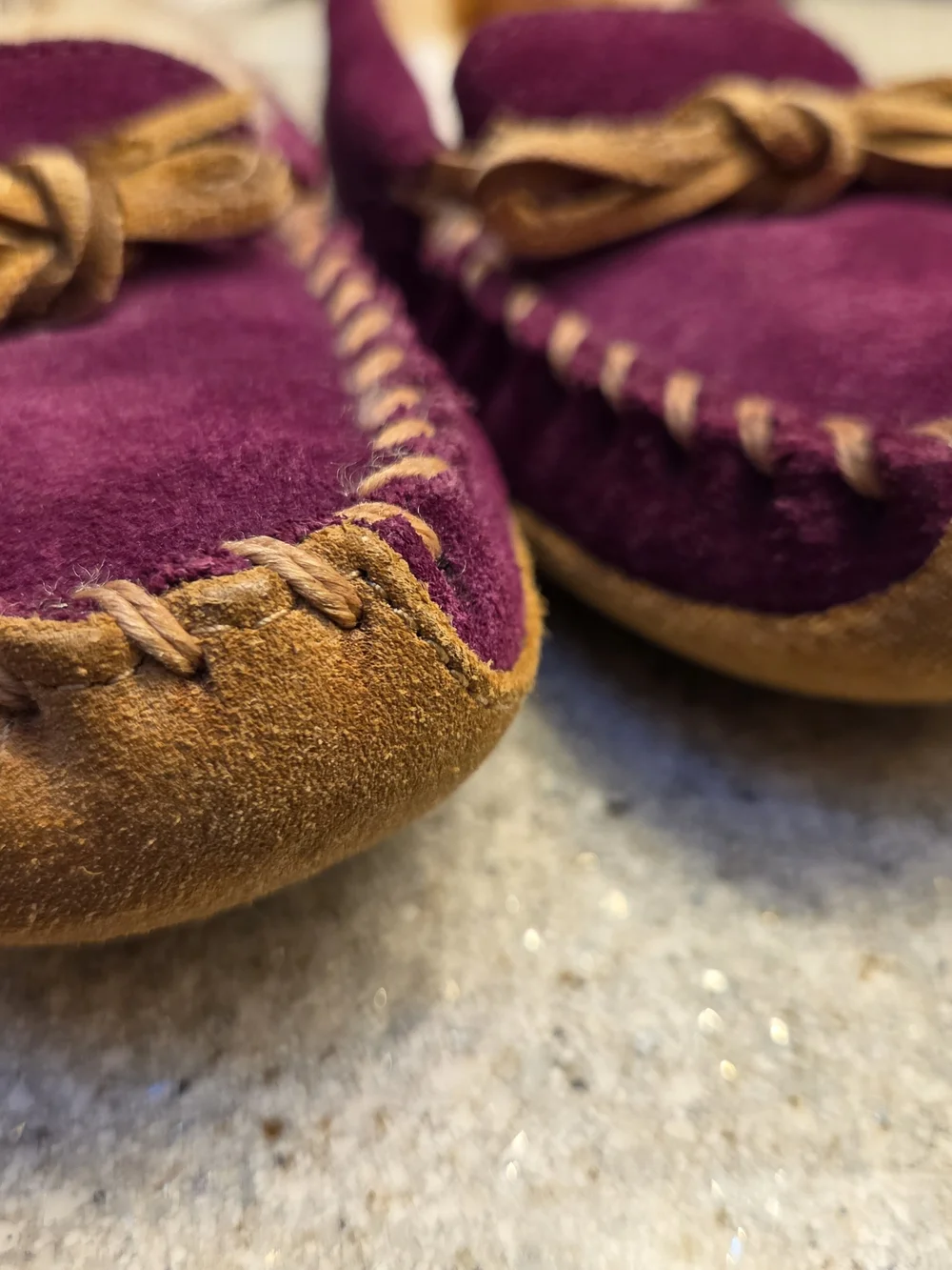 L.L. Bean Plum Suede Moccasin Slippers with Shearling Lining